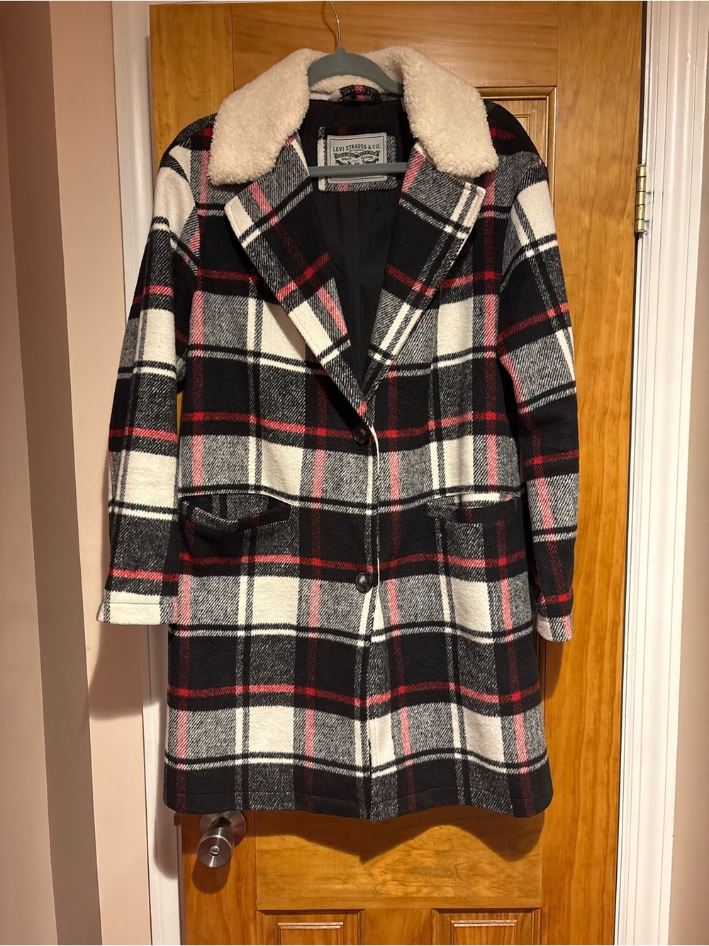 Plaid Wool-Blend Coat with Sherpa Collar - Black/White/Red- Levi’s